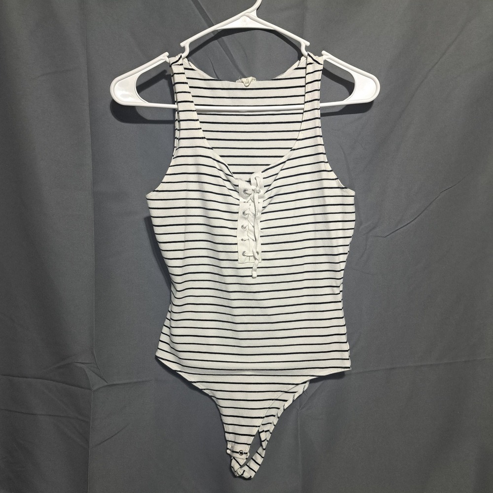 Garage Women's PETITE‎ SMALL Striped Sleeveless Bodysuit Tie Front Black White